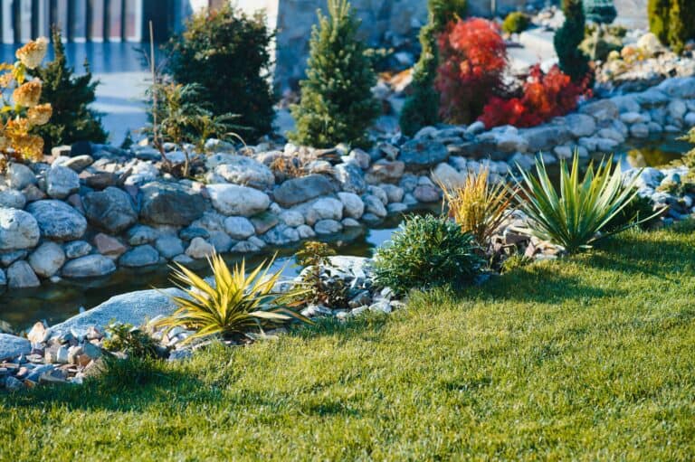 Backyard Garden Modern Design Landscaping Landscaped Back Yard Decorative Garden With Pathway Or Walkway From Stone And Rocks Or Gravel Back Yard Or Park Lawn With Stony Natural landscaping - losangelesgardenpros.com rocks for landscaping landscape rock landscape rock near me